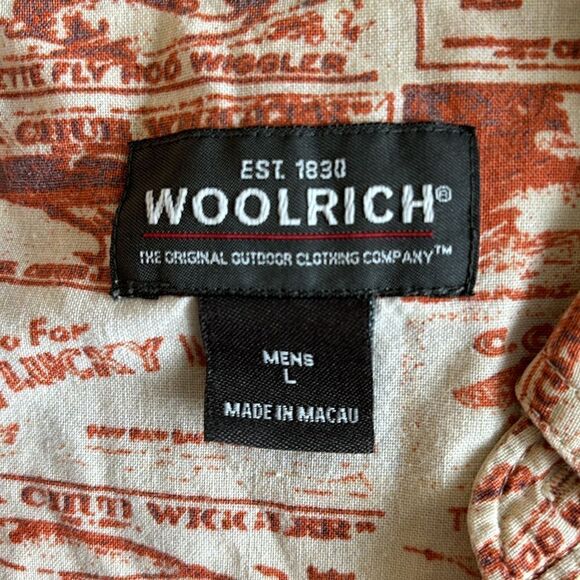 Vintage Woolrich Short Sleeve Button Down Fishing Lures Tan Rust Shirt Size L - Picture 9 of 11